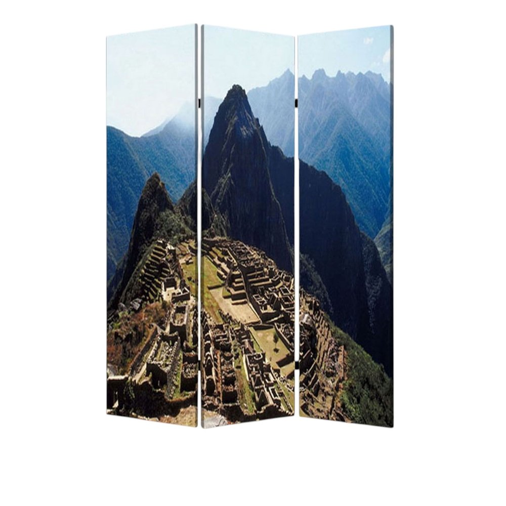 72" Blue And Green Canvas Folding Three Panel Screen Room Divider