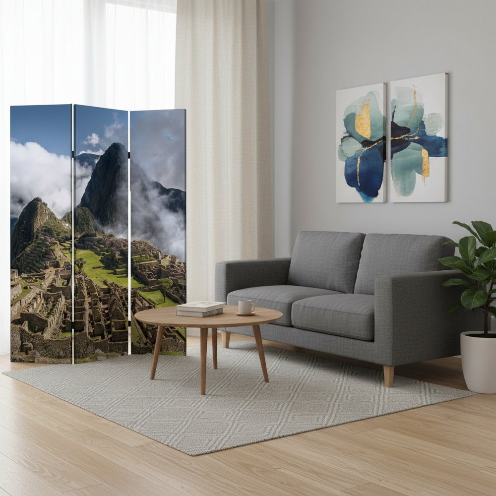 72" Blue And Green Canvas Folding Three Panel Screen Room Divider
