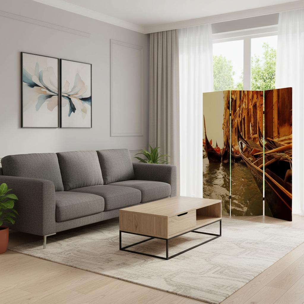 72" Brown Canvas Folding Three Panel Screen Room Divider