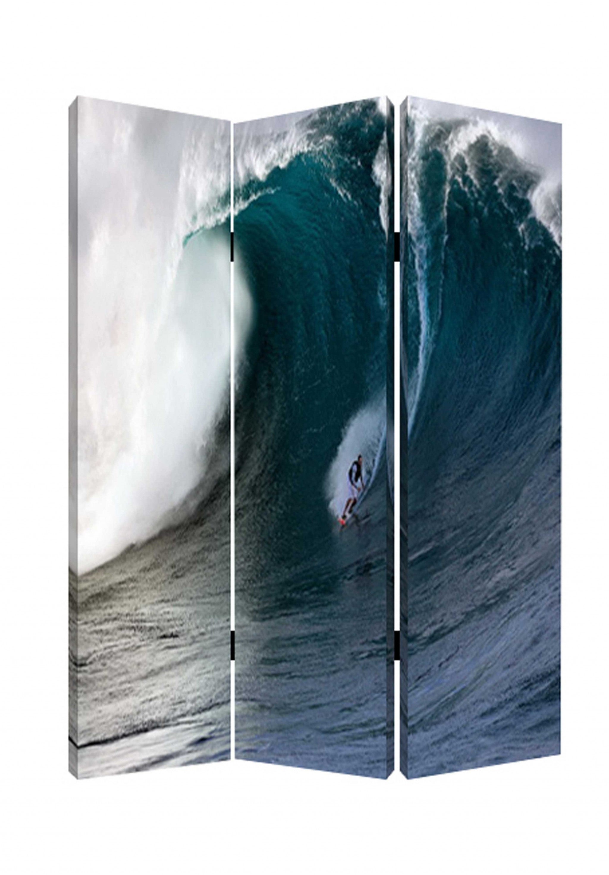 72" Blue And White Canvas Folding Three Panel Screen Room Divider