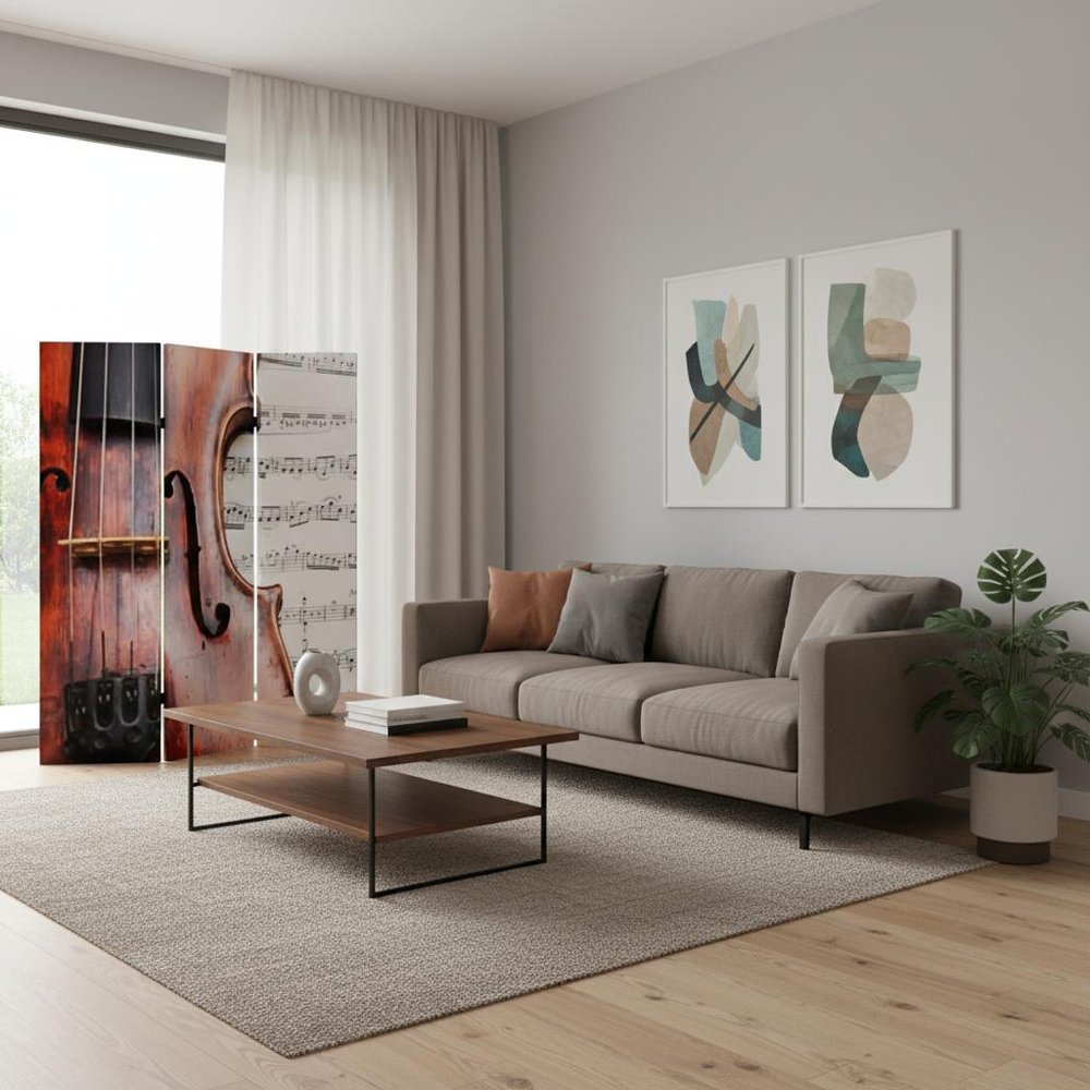 72" Brown And White Canvas Folding Three Panel Screen Room Divider
