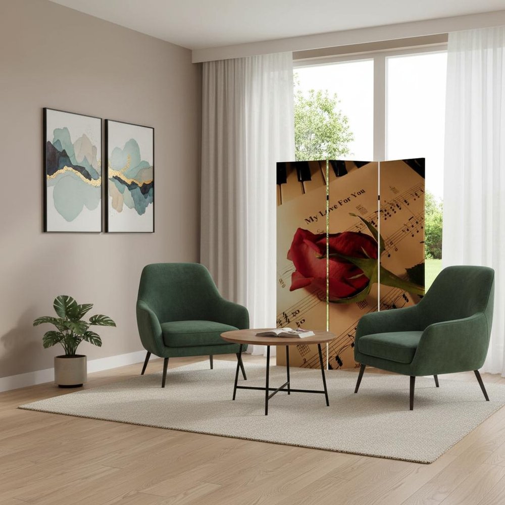 72" Brown And White Canvas Folding Three Panel Screen Room Divider