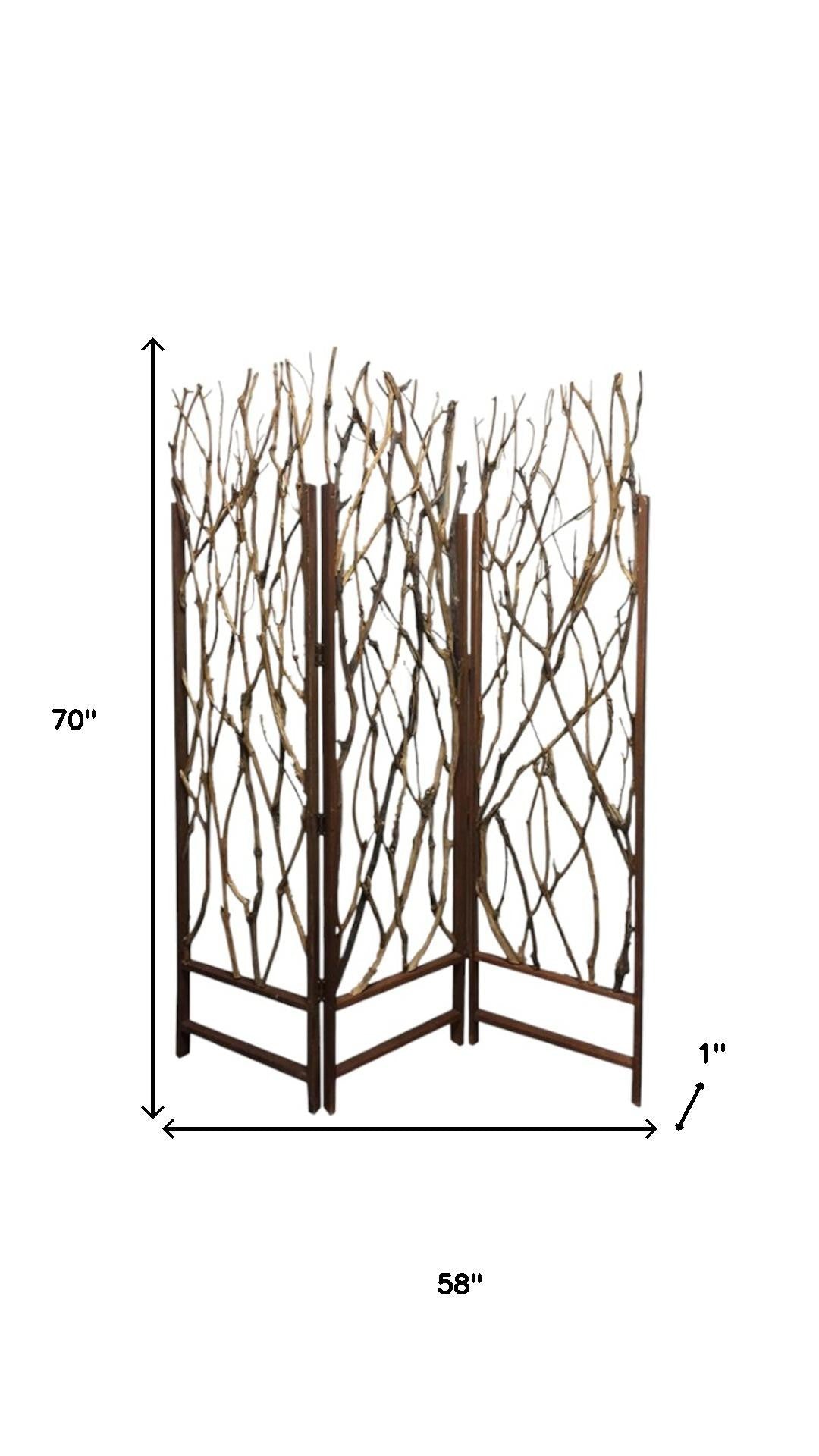 70" Brown Wood Branches Folding Three Panel Screen Room Divider