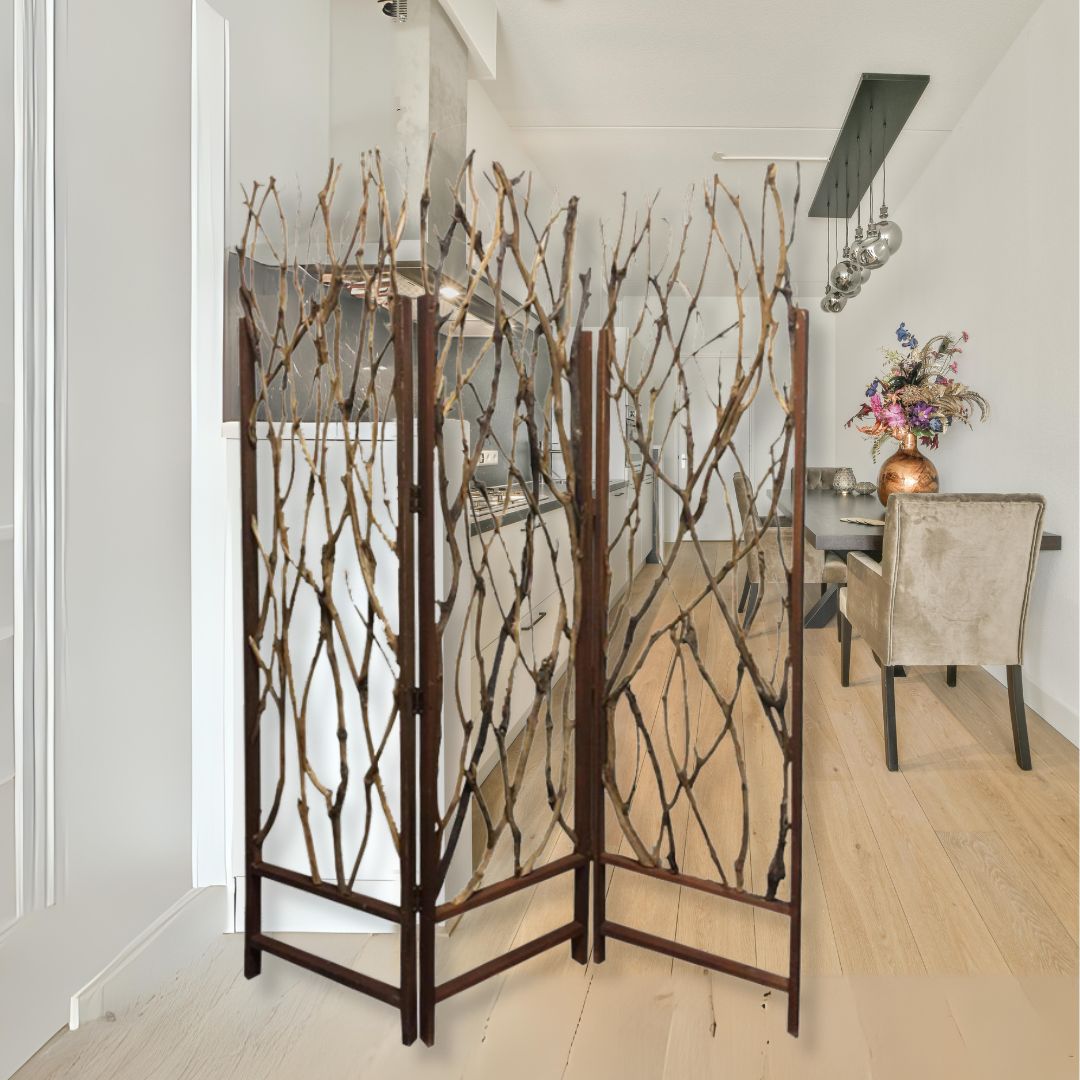 70" Brown Wood Branches Folding Three Panel Screen Room Divider