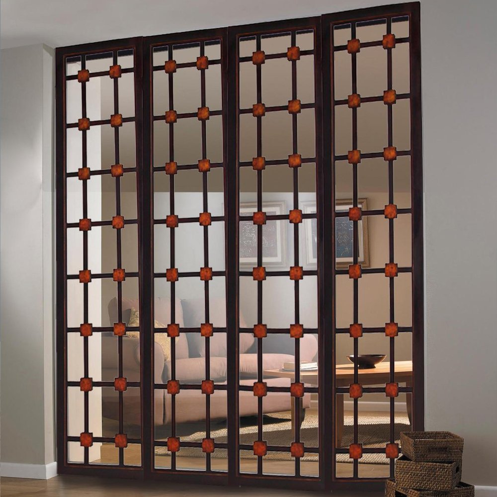 84" Brown Folding Four Panel Screen Room Divider