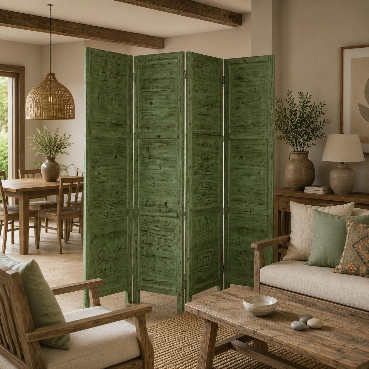 84" Green Rustic Wood Folding Four Panel Screen Room Divider