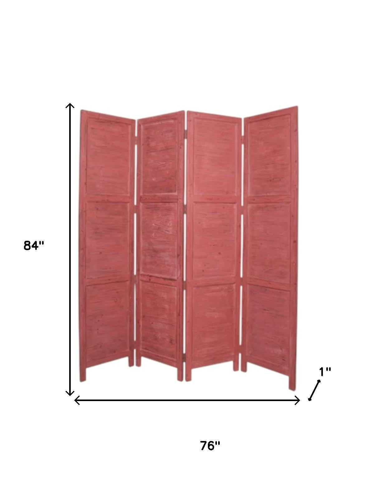 84" Red Wood Folding Four Panel Screen Room Divider