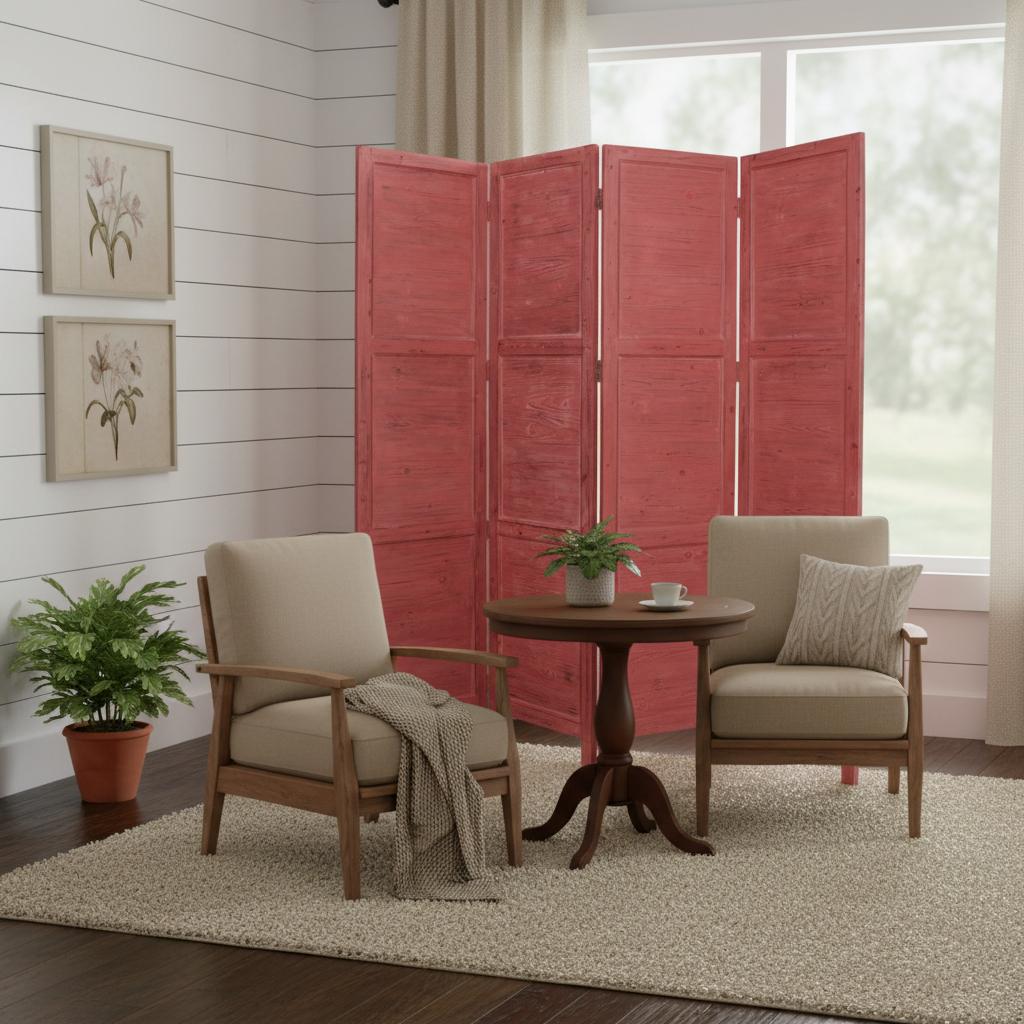 84" Red Wood Folding Four Panel Screen Room Divider