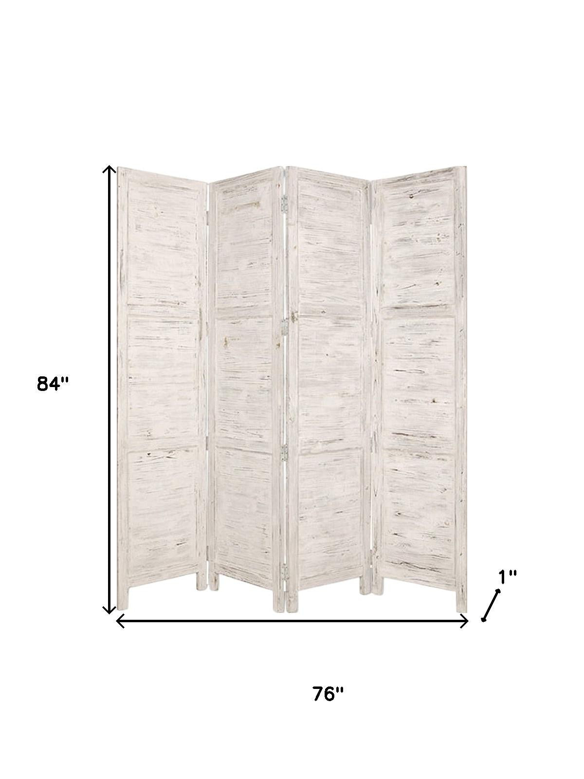 84" White Wood Folding Four Panel Screen Room Divider