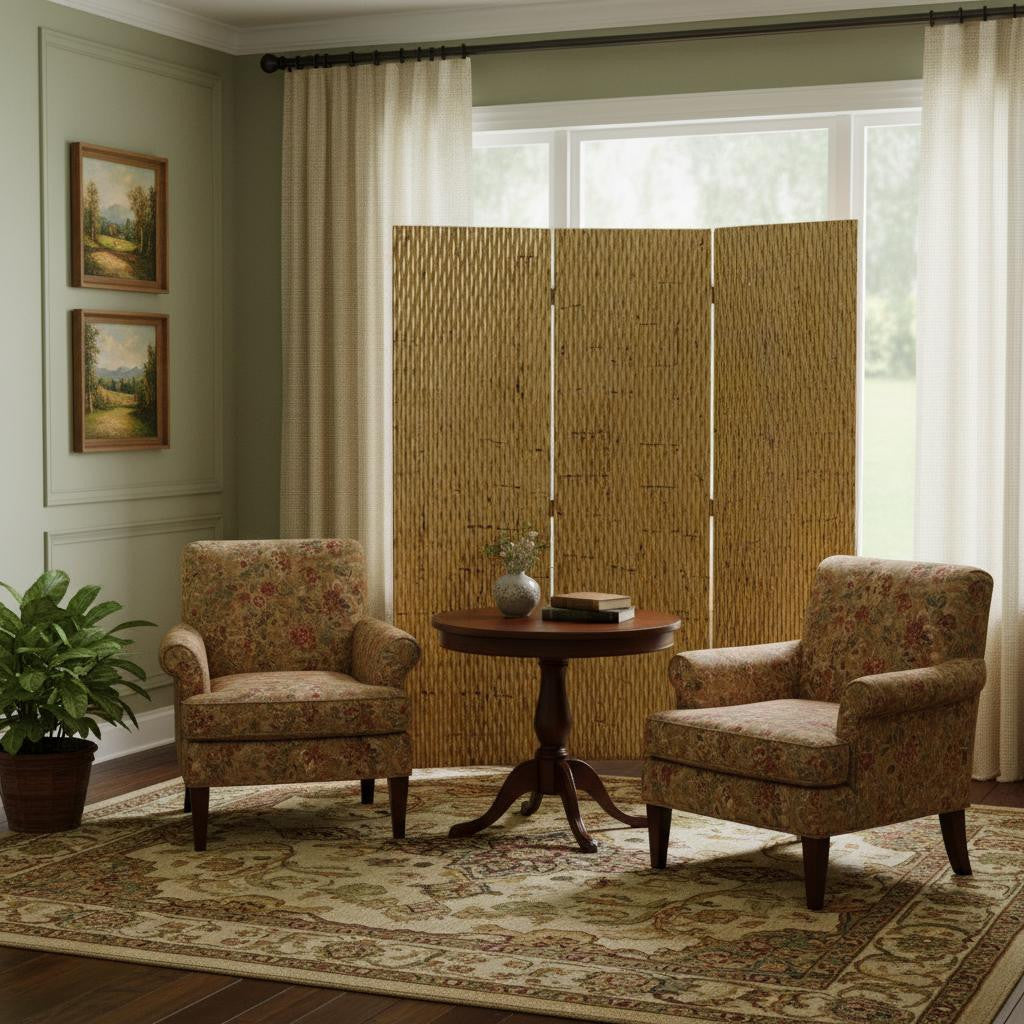 72" Gold Wood Folding Three Panel Screen Room Divider