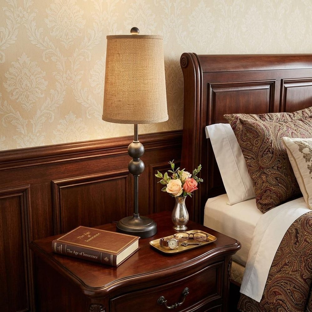 29" Bronze Bedside Lamp With Brown Shade