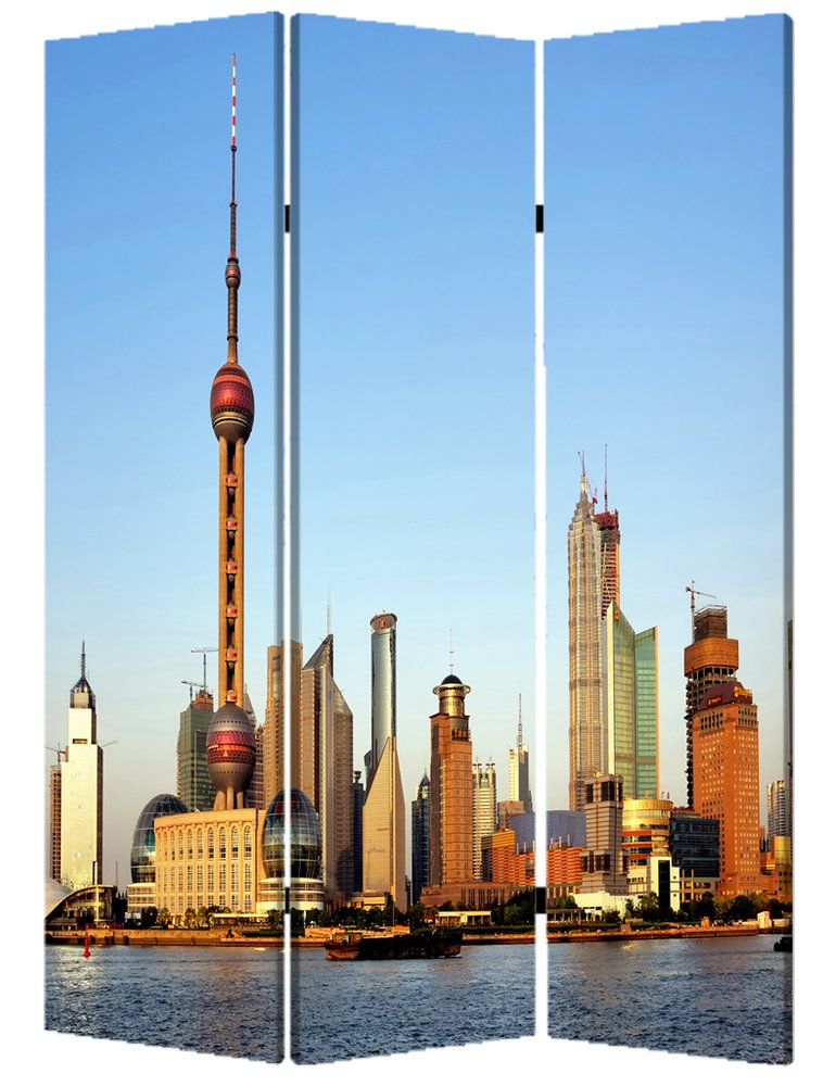 72" Blue Reversible China Cityscape Canvas Folding Three Panel Screen Room Divider