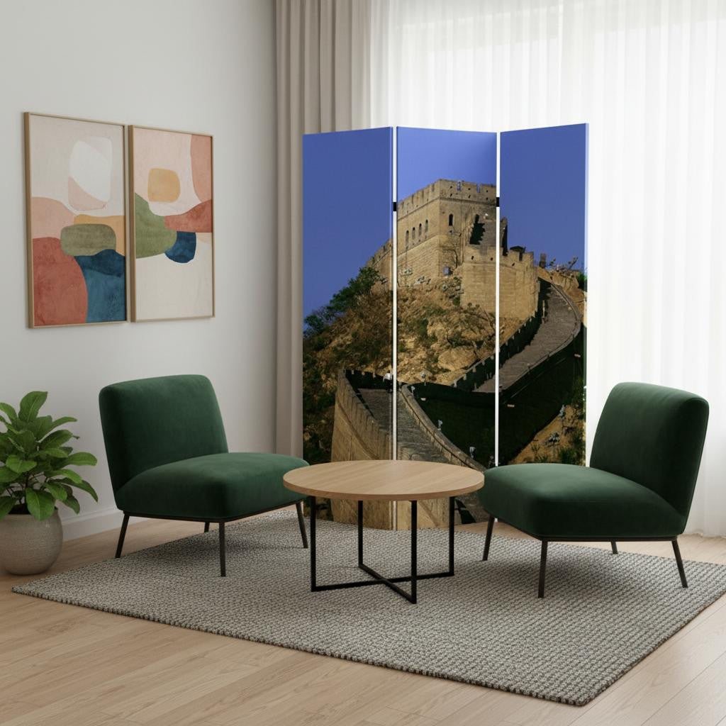 72" Blue Reversible China Cityscape Canvas Folding Three Panel Screen Room Divider