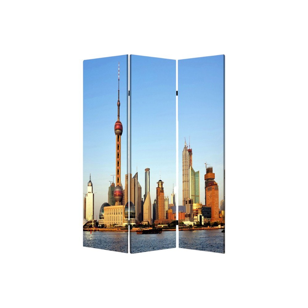 72" Blue Reversible China Cityscape Canvas Folding Three Panel Screen Room Divider