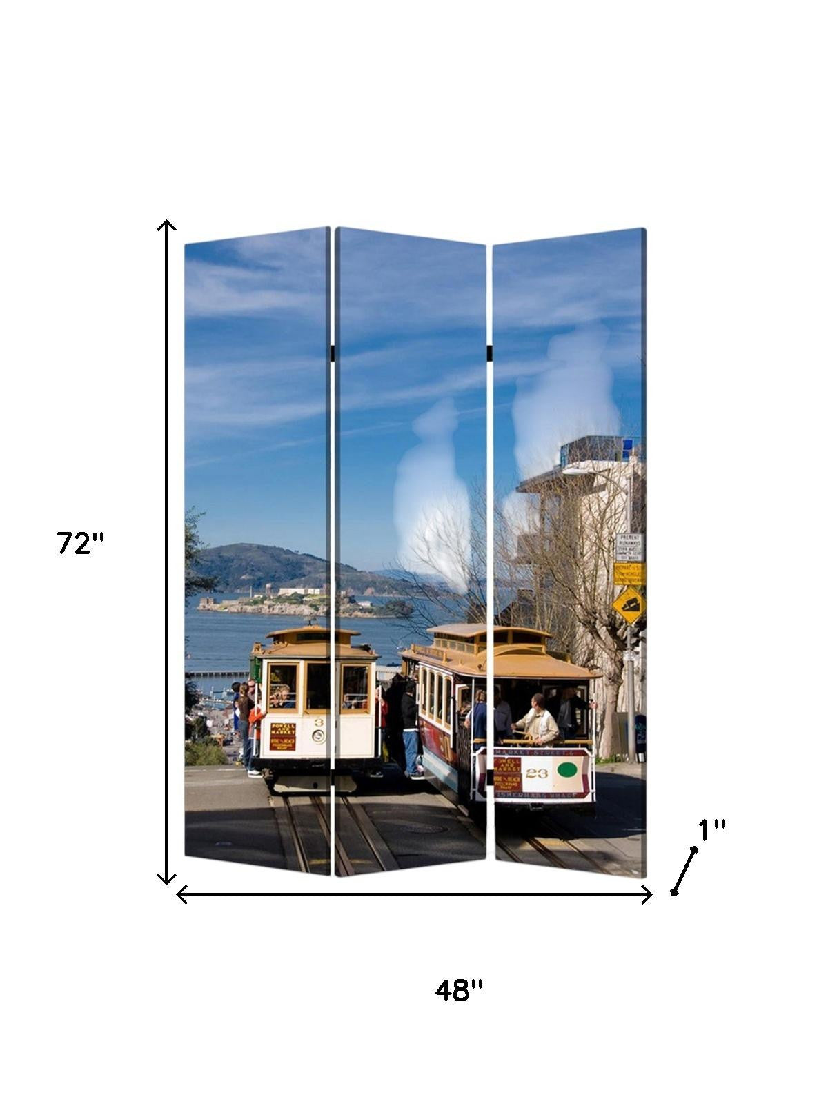 72" Blue And White Canvas Folding Three Panel Screen Room Divider