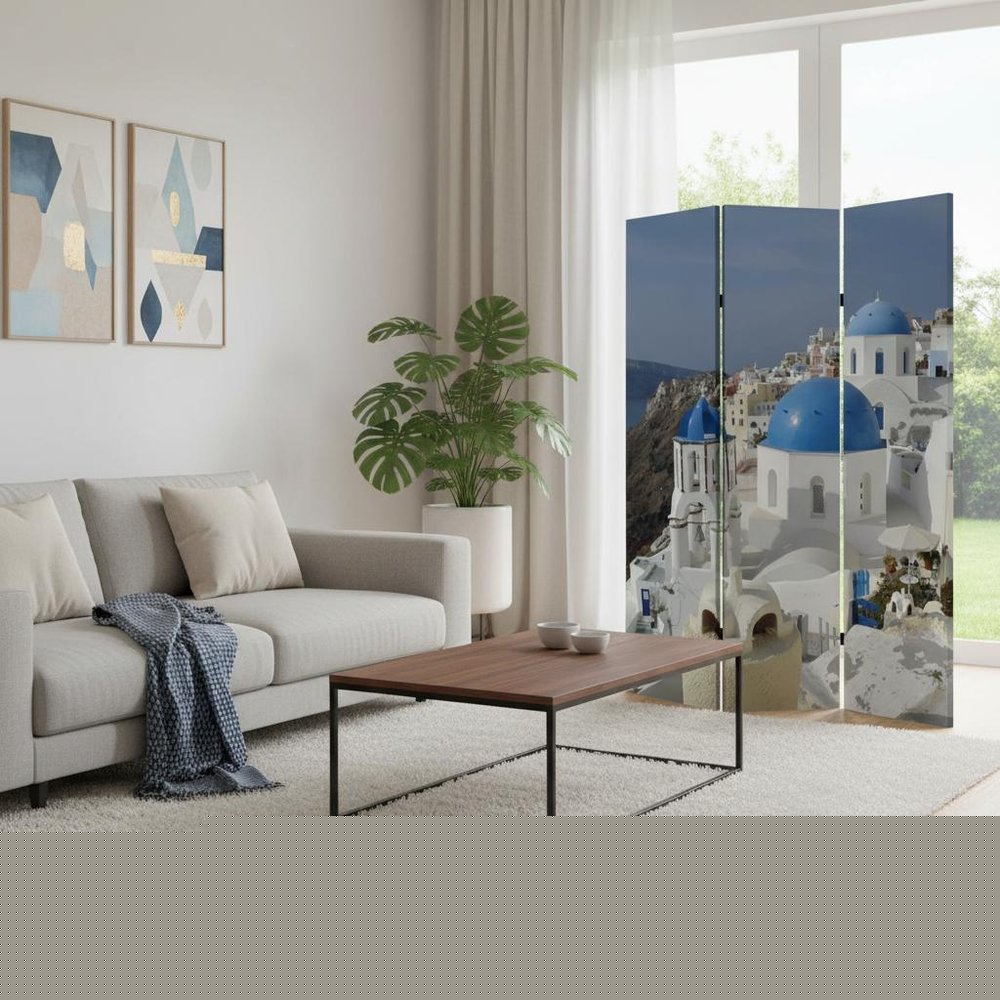 72" Blue And White Canvas Folding Three Panel Screen Room Divider