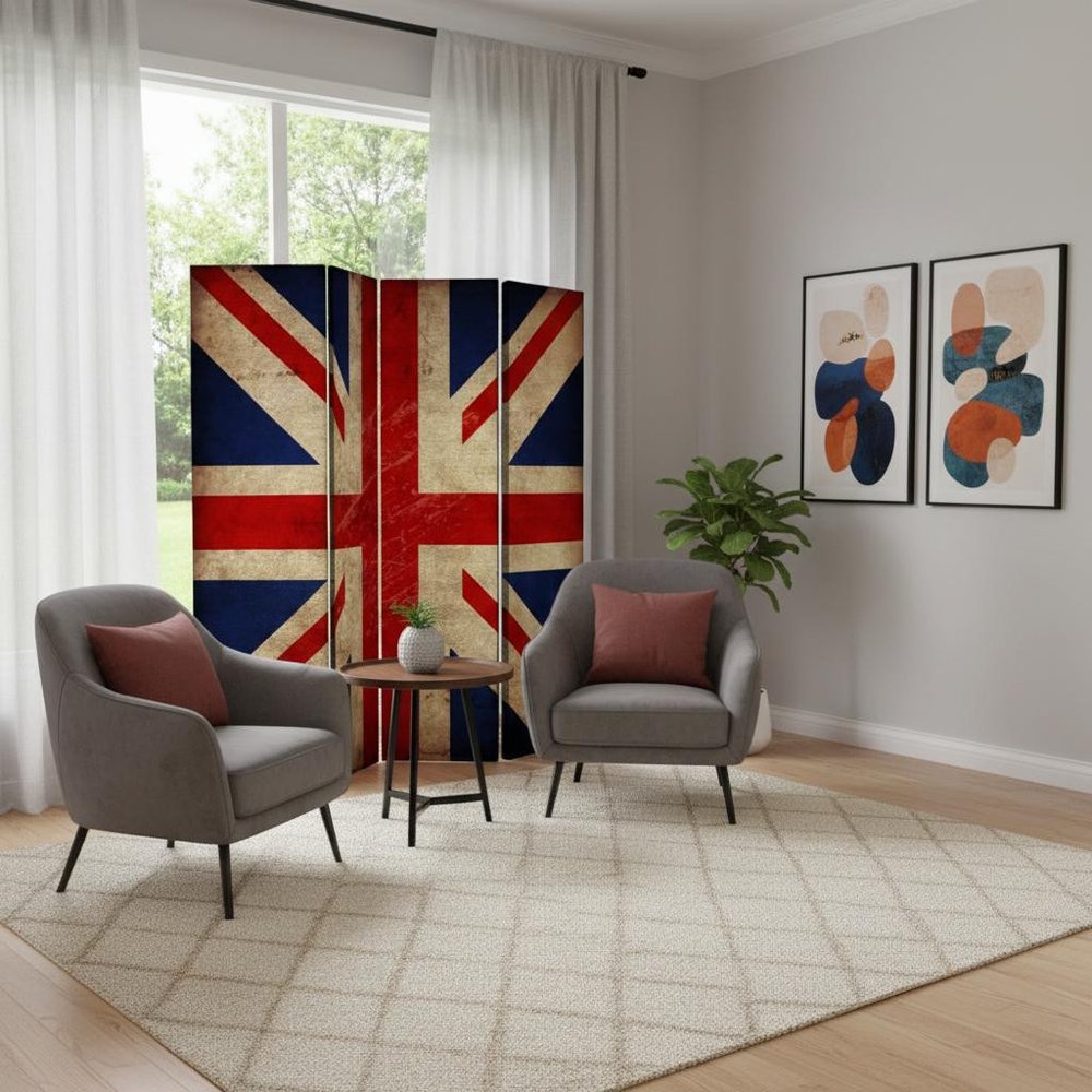 84" Blue And White Canvas Folding Four Panel Screen Room Divider