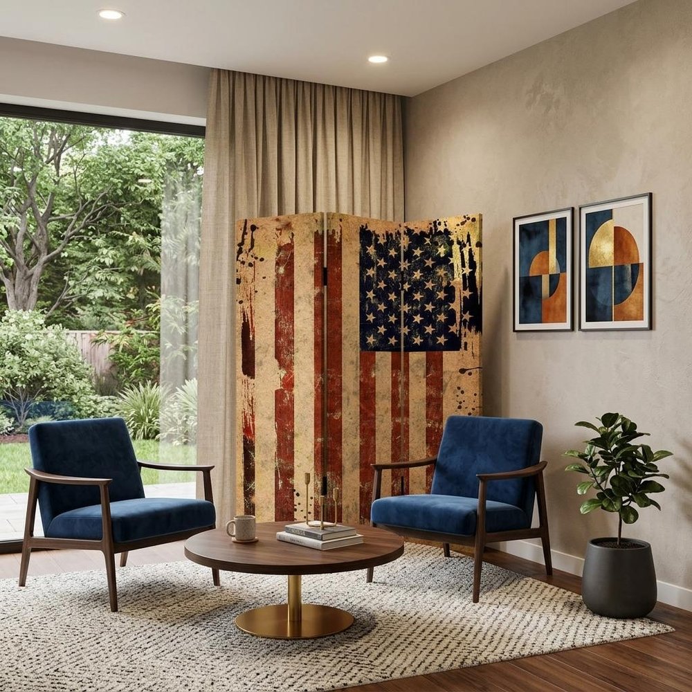 72" Blue And White Canvas Folding Three Panel Screen Room Divider