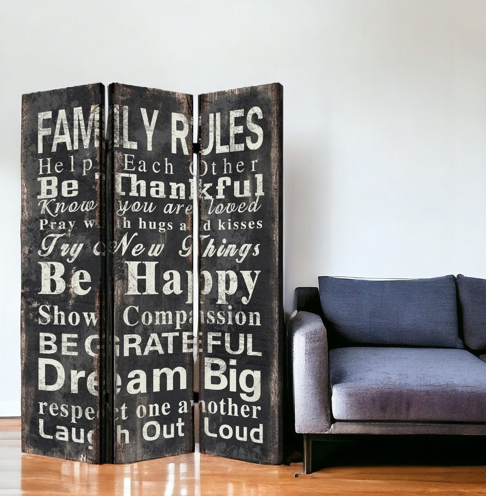 72" Black And White Canvas Folding Three Panel Screen Room Divider