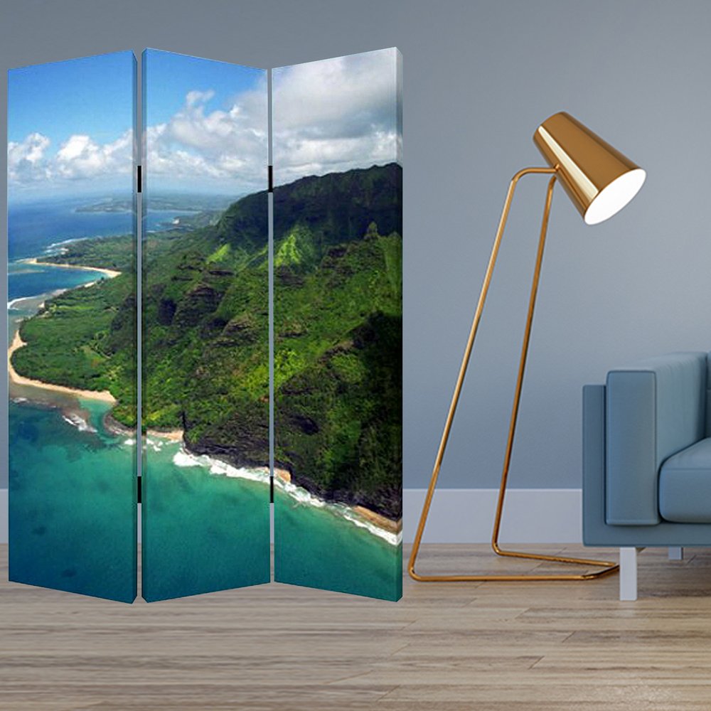 72" Blue And Green Canvas Folding Three Panel Screen Room Divider