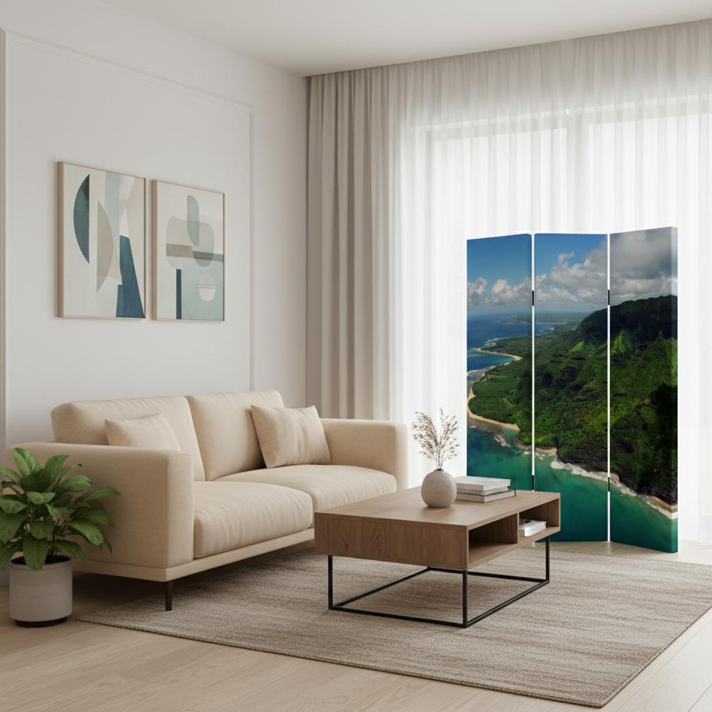 72" Blue And Green Canvas Folding Three Panel Screen Room Divider