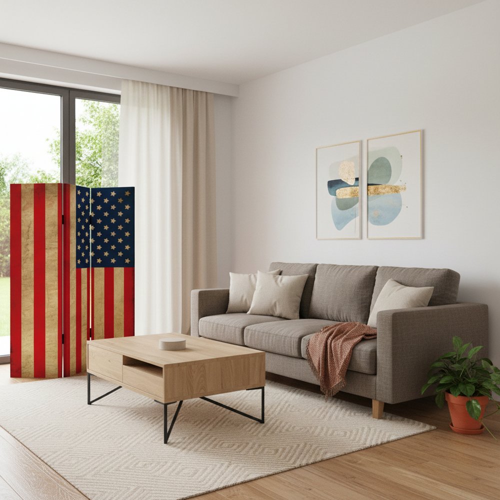 72" Red White And Blue American Flag Reversible Canvas Folding Three Panel Room Divider