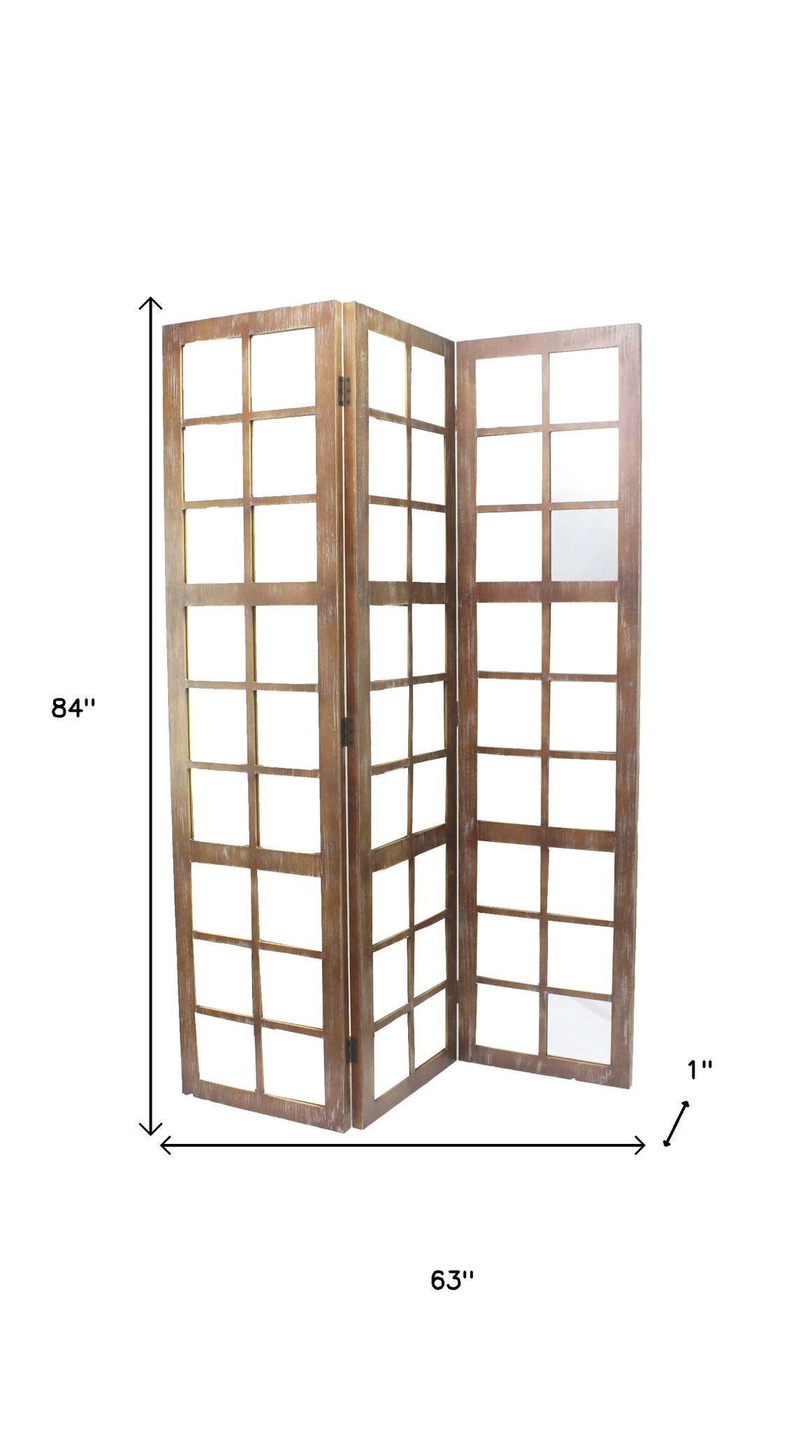 84" Brown Glass Folding Three Panel Screen Room Divider