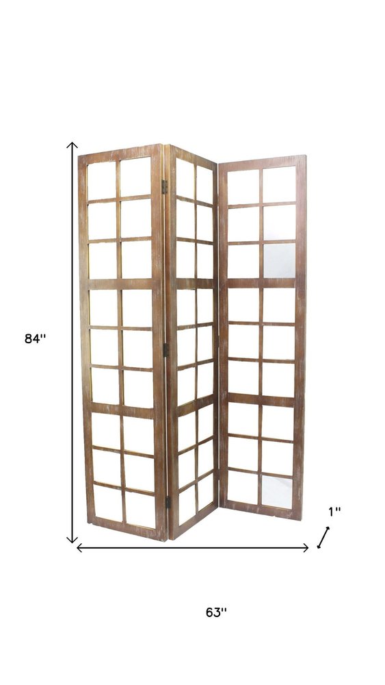 84" Brown Glass Folding Three Panel Screen Room Divider