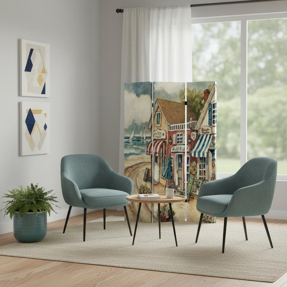 48 X 72 Multi Color Wood Canvas Seaside Town Slate  Screen