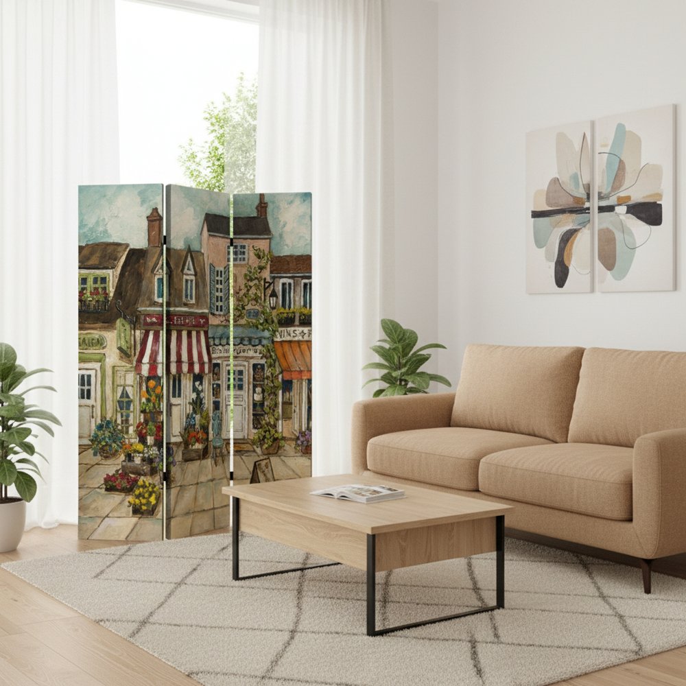 48 X 72 Multi Color Wood Canvas Seaside Town Slate  Screen