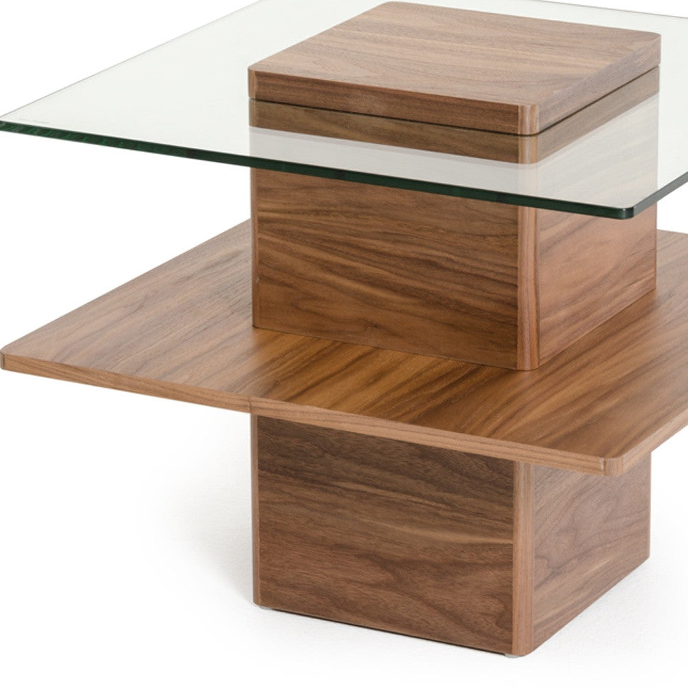 19" Walnut Veneer And Glass End Table