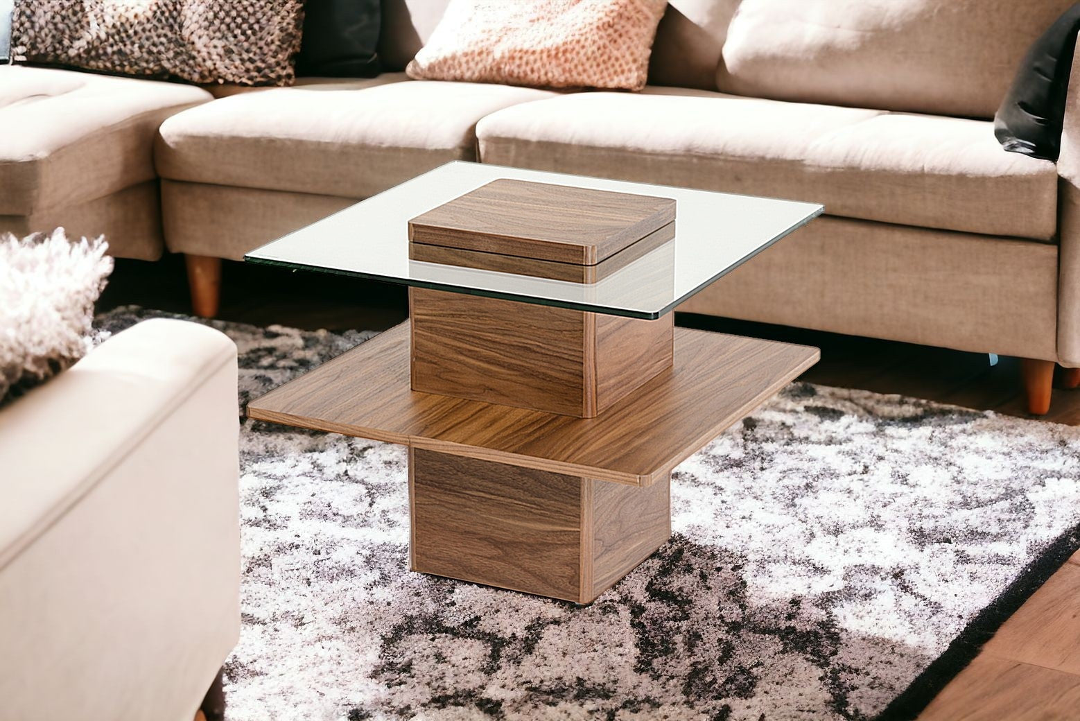 19" Walnut Veneer And Glass End Table