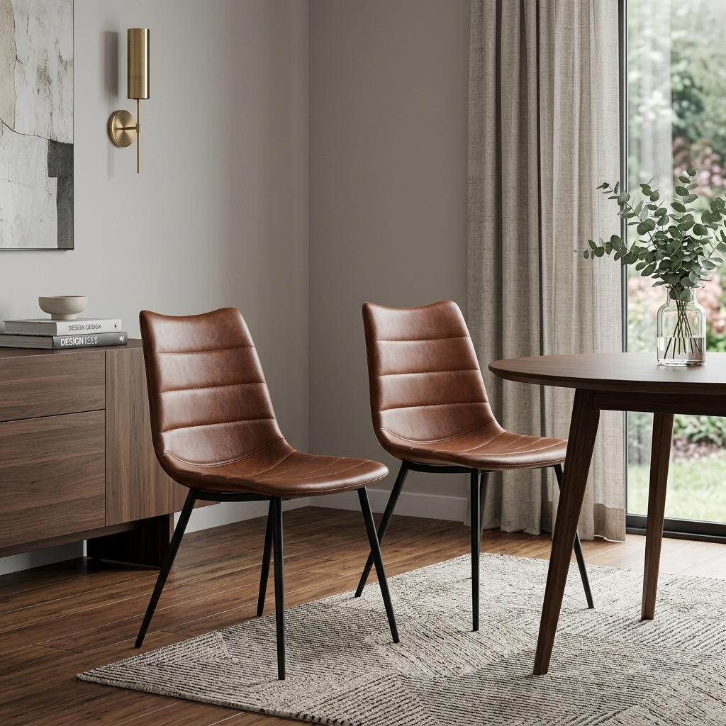 Set of Two Brown and Black Upholstered Faux Leather Dining Side Chairs