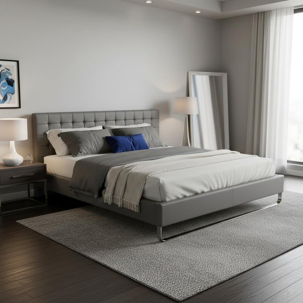 Gray Tufted Faux Leather Upholstered King Sleigh Bed