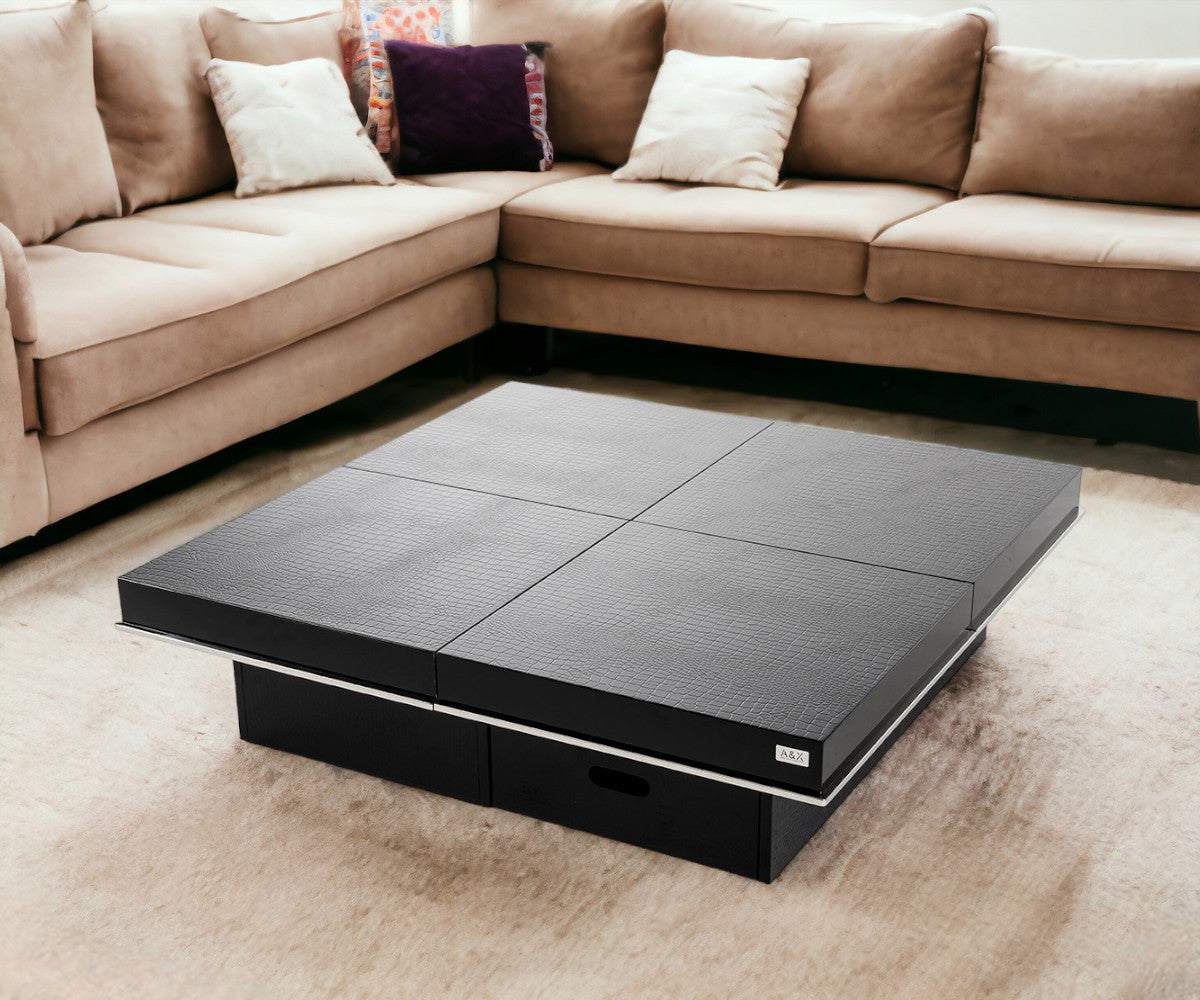 47" Black Faux Croc Lacquered Square Coffee Table