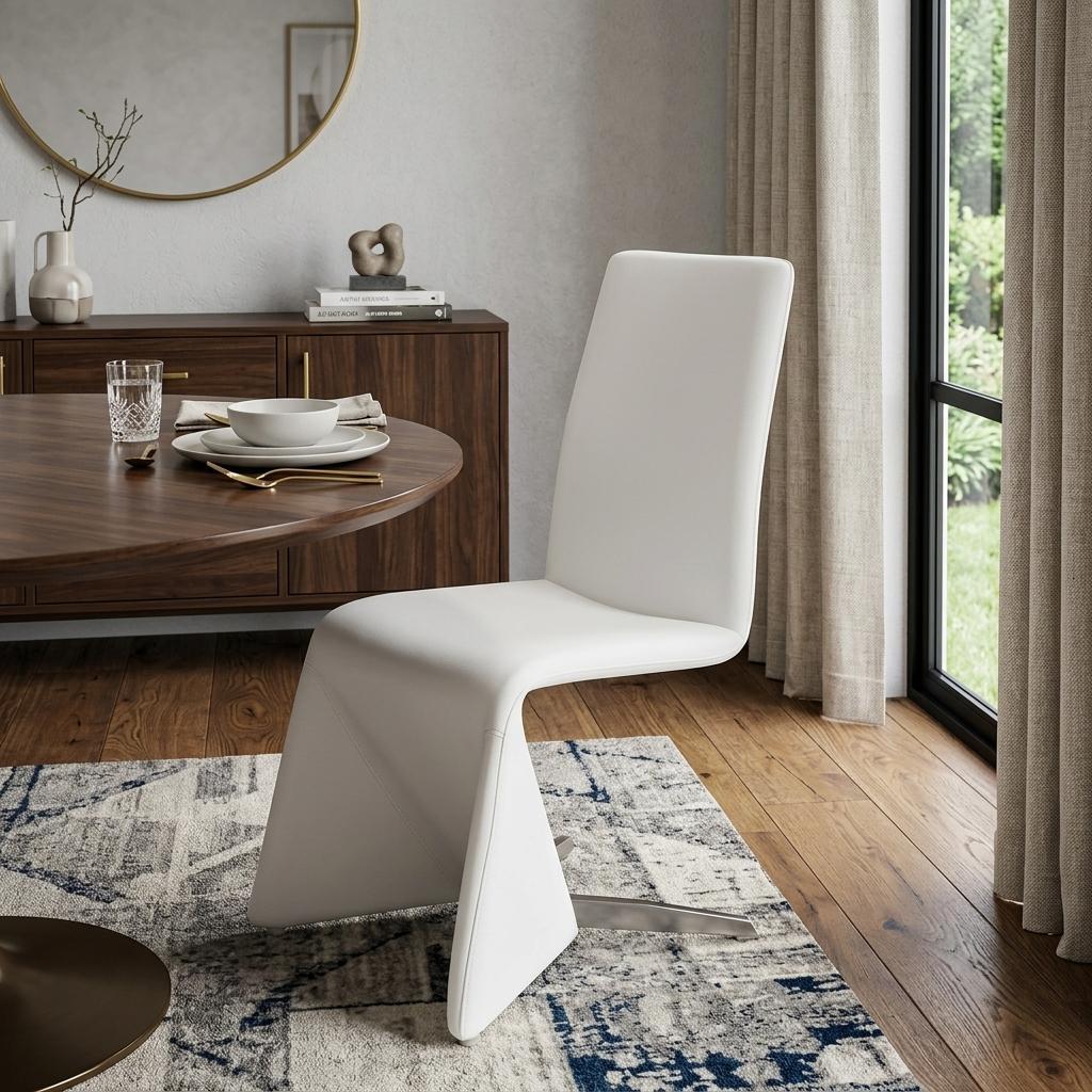 Set of Two White Upholstered Faux Leather Dining Side Chairs