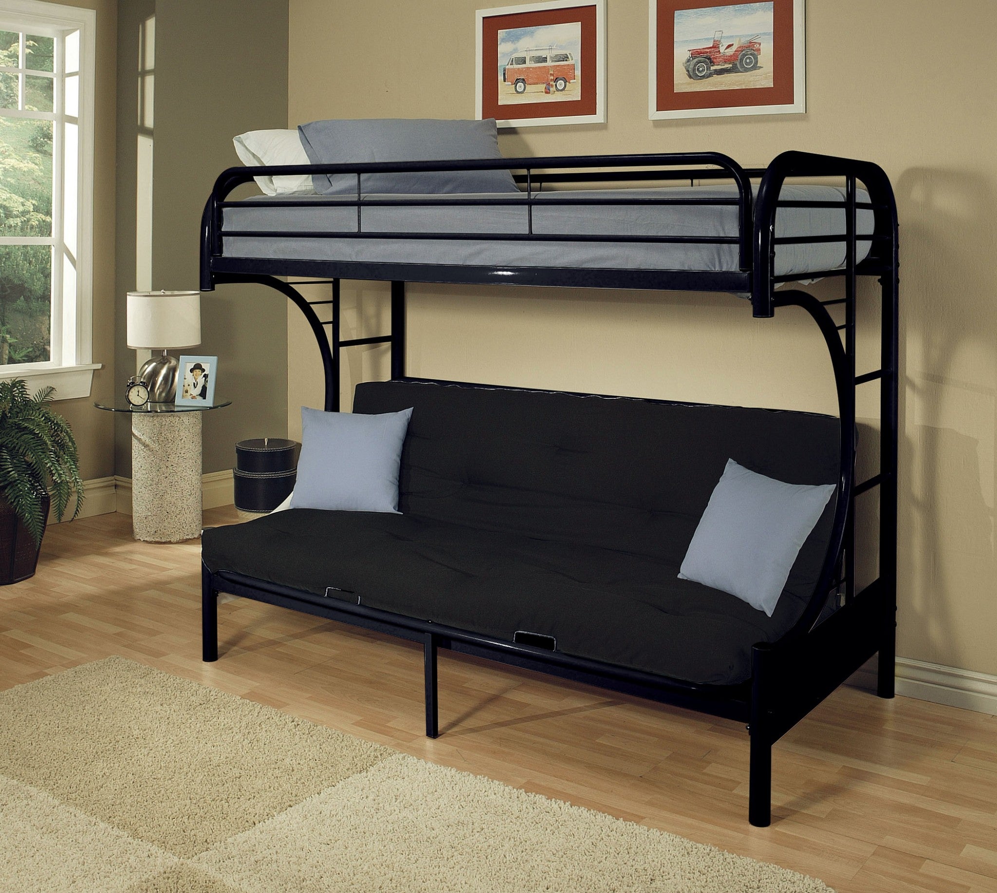 84" X 62" X 65" Twin Xl Over Queen Silver Metal Tube Futon Bunk Bed