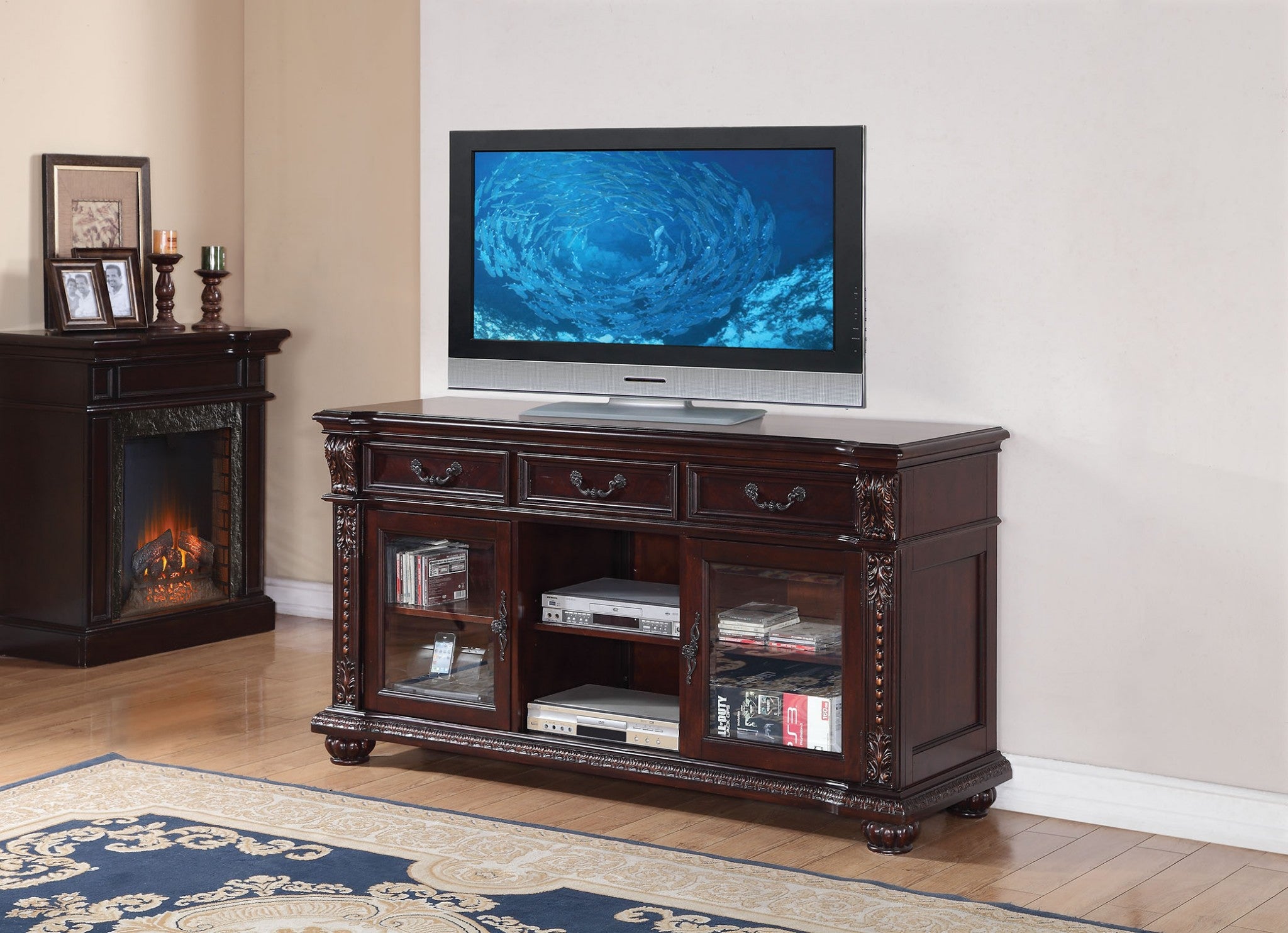 65" Dark Brown Wood Cabinet Enclosed Storage TV Stand