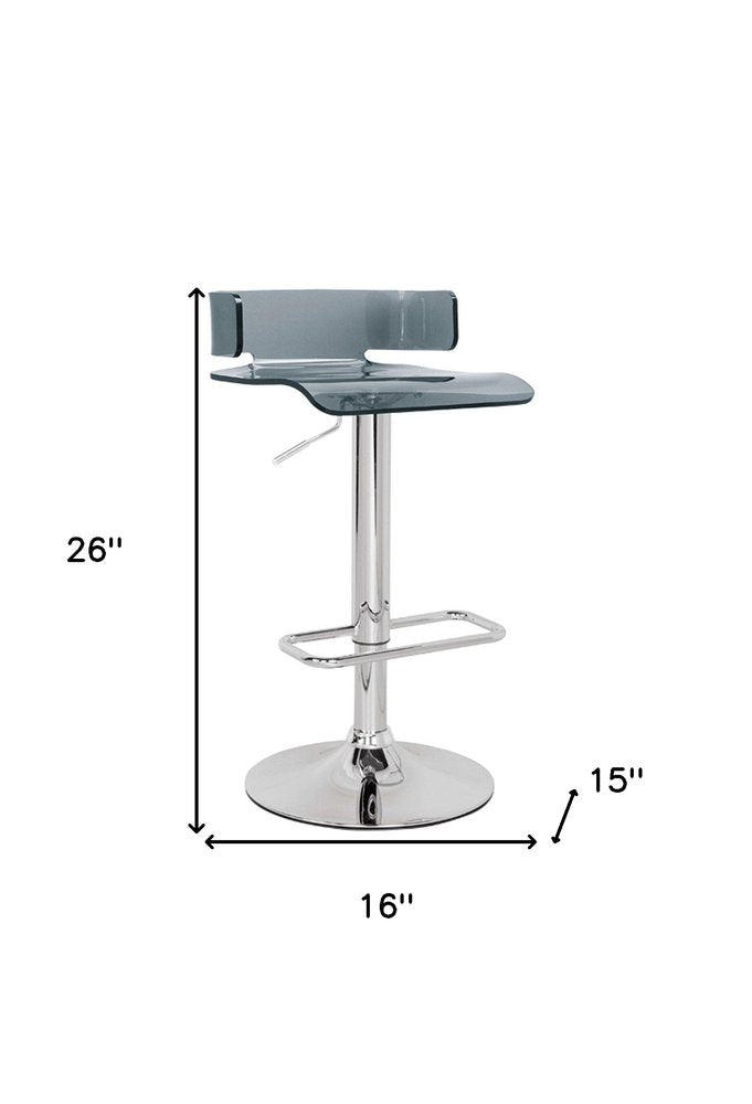 Clear and Silver Acrylic and Metal Low Back Adjustable Height Swivel Bar Chair