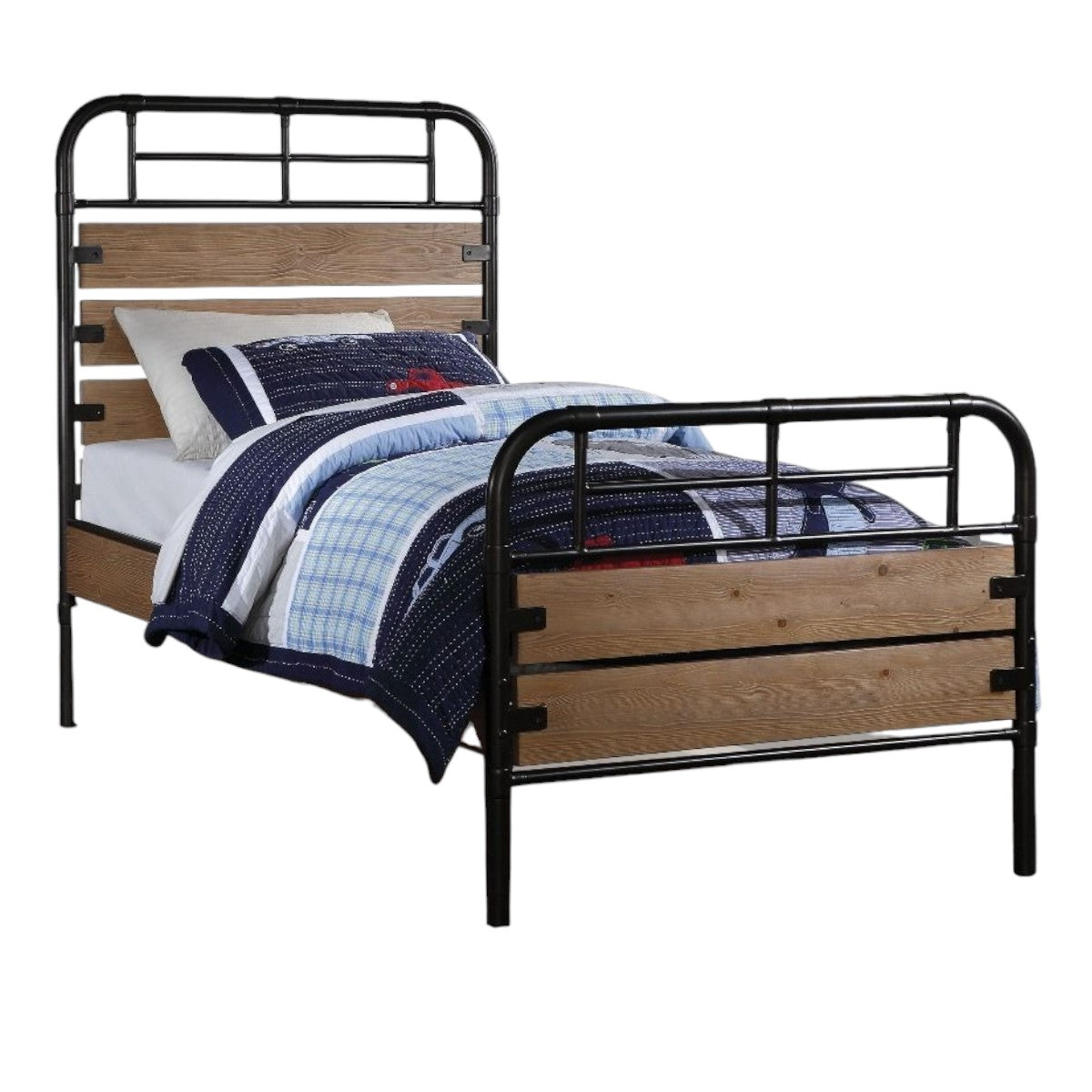 Black And Oak Shiplap Texture Wood and Metal Twin Bed Frame
