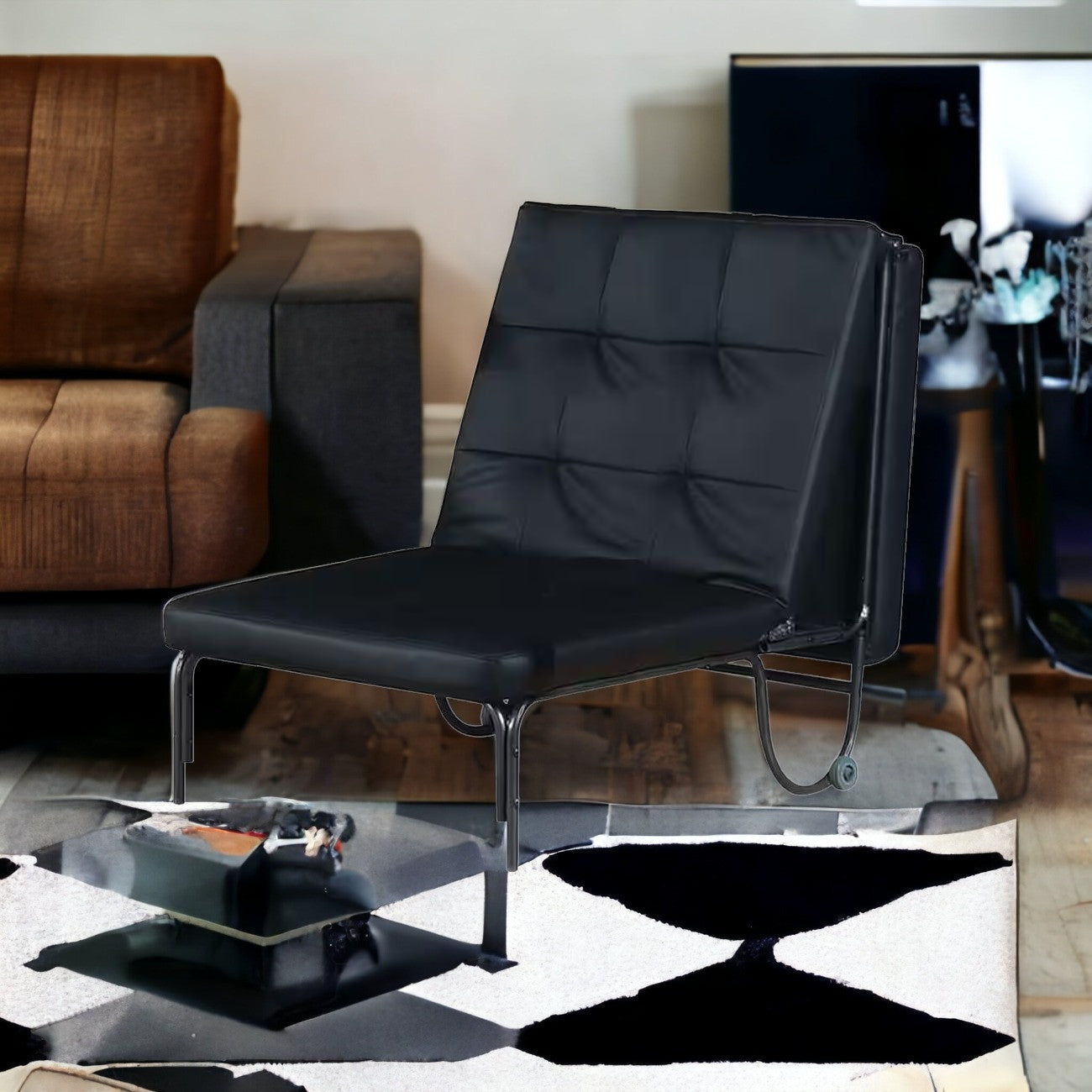 75" Black Faux Leather Tufted Convertible Chair