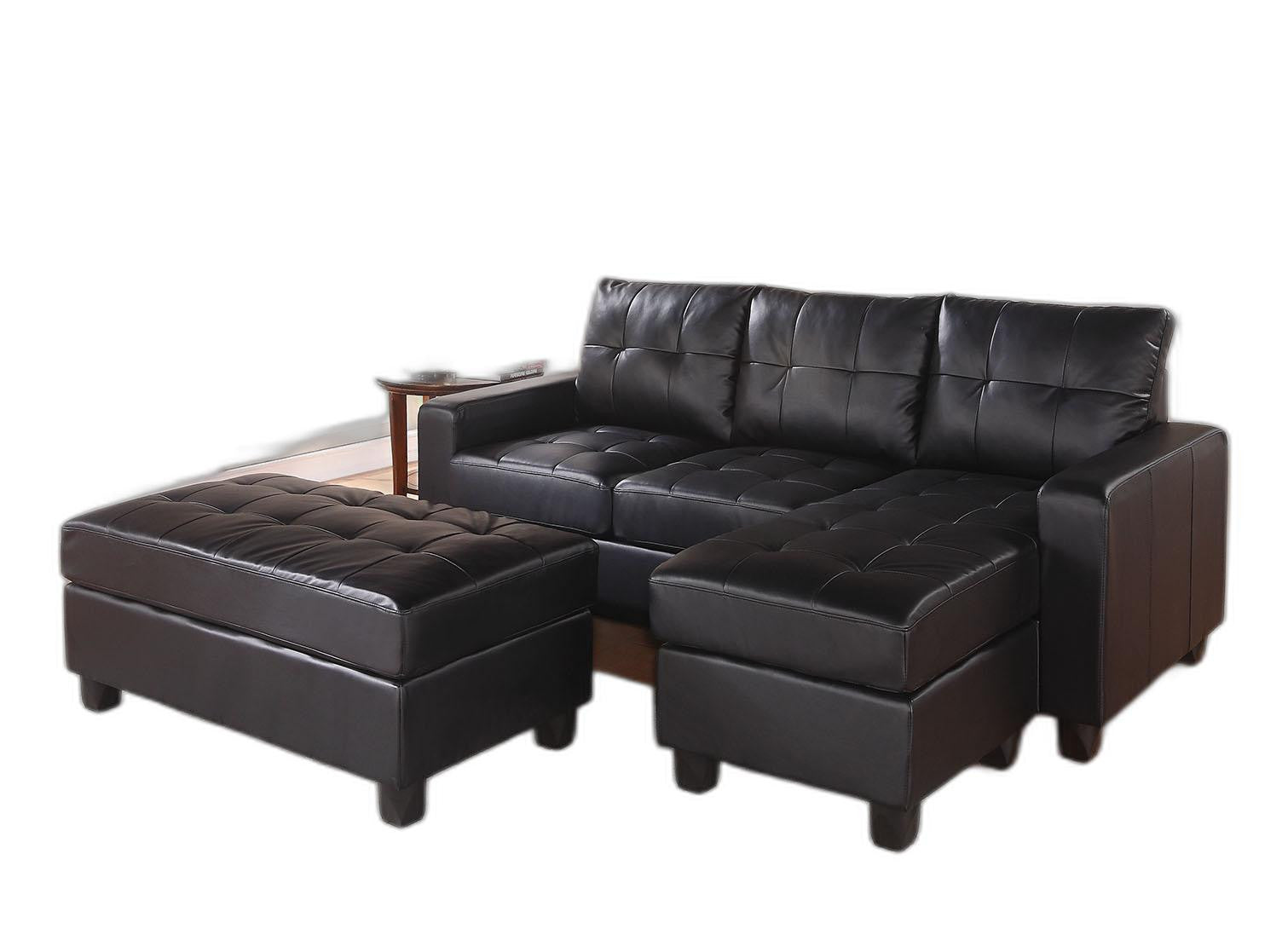 Black Faux Leather Stationary L Shaped Three Piece Sofa And Chaise