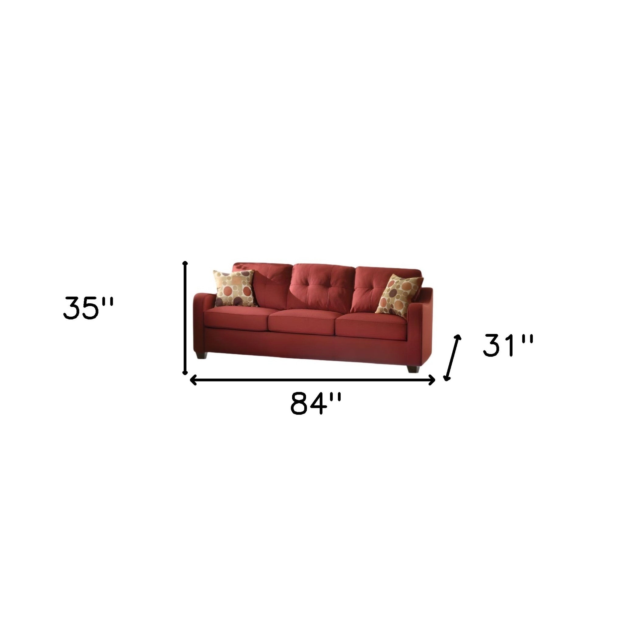 84" Red And Chocolate Linen Sofa And Toss Pillows