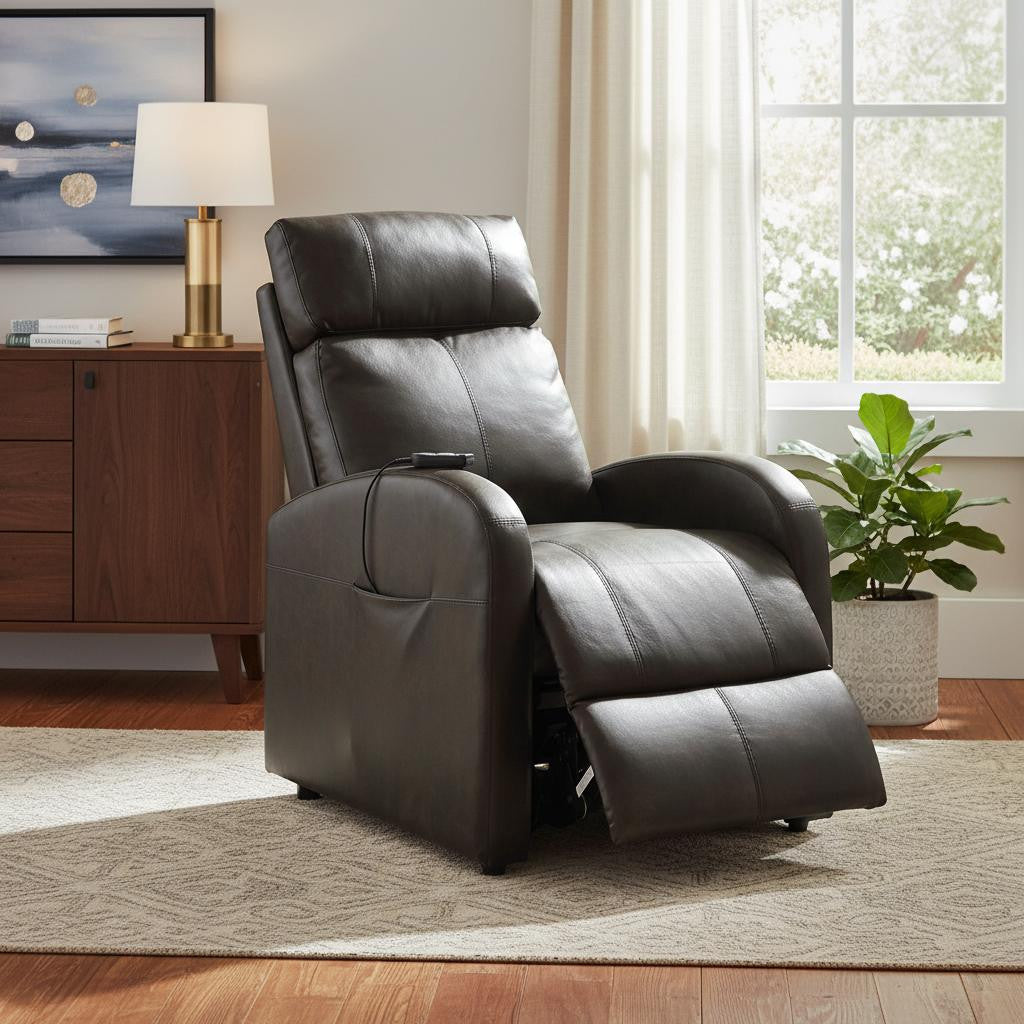 28" Gray Tufted Faux Leather Faux Leather Power Lift Assist Recliner