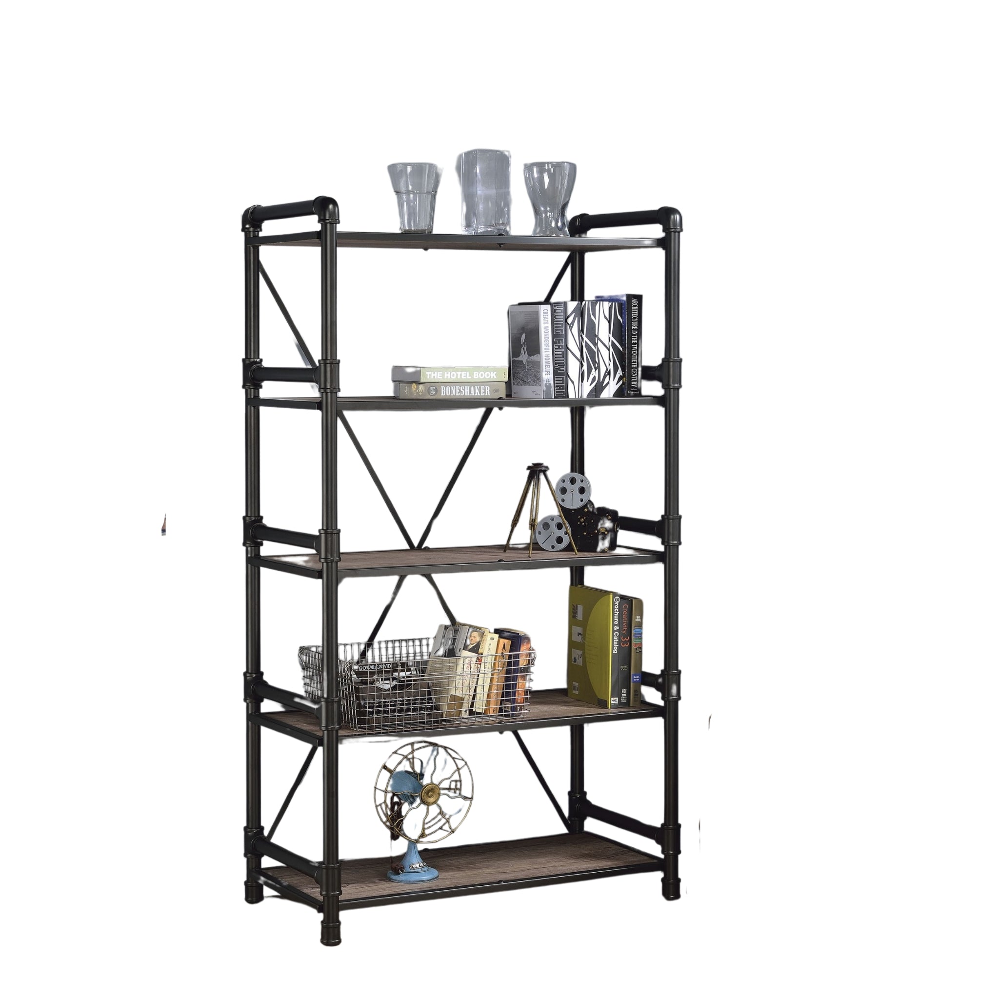 72" Rustic Oak Distressed Metal and Wood Five Tier Etagere Bookcase