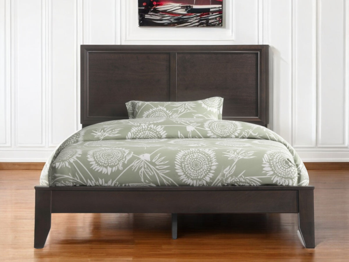 Espresso Inlaid Panels Wood Queen Bed Frame