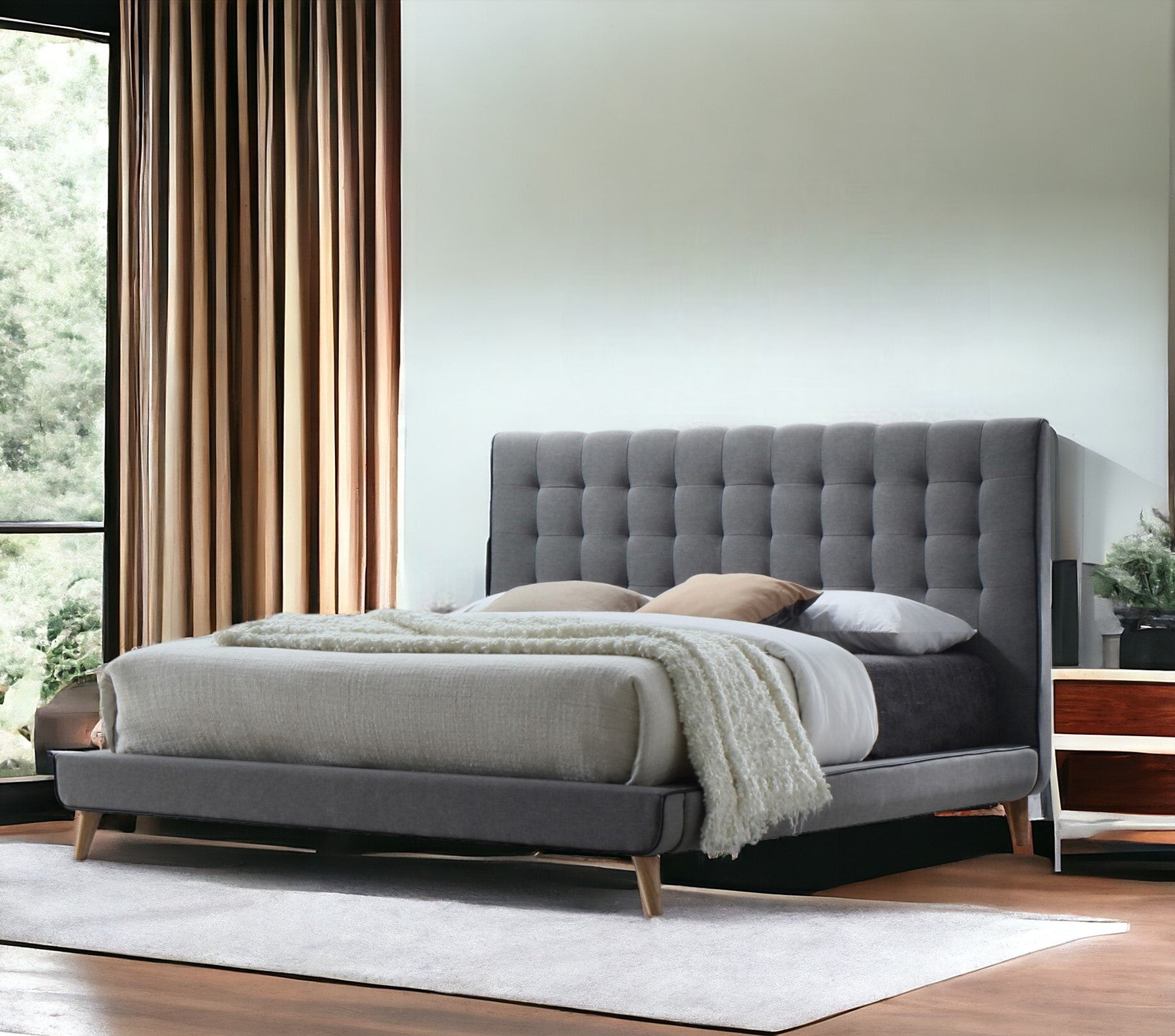 Light Gray Queen Tufted Upholstered Linen Bed Frame