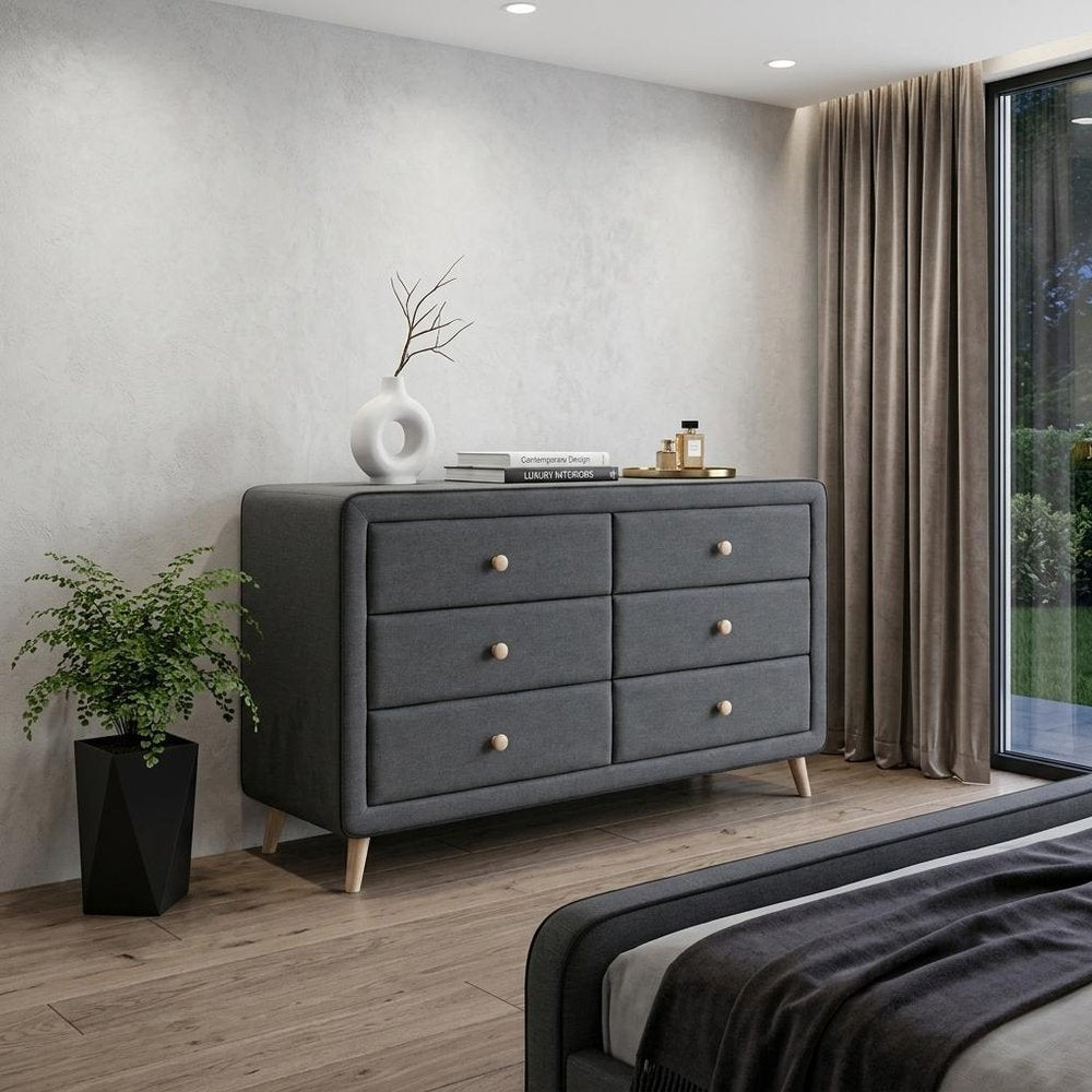 43" Light Gray Solid Wood Six Drawer Dresser