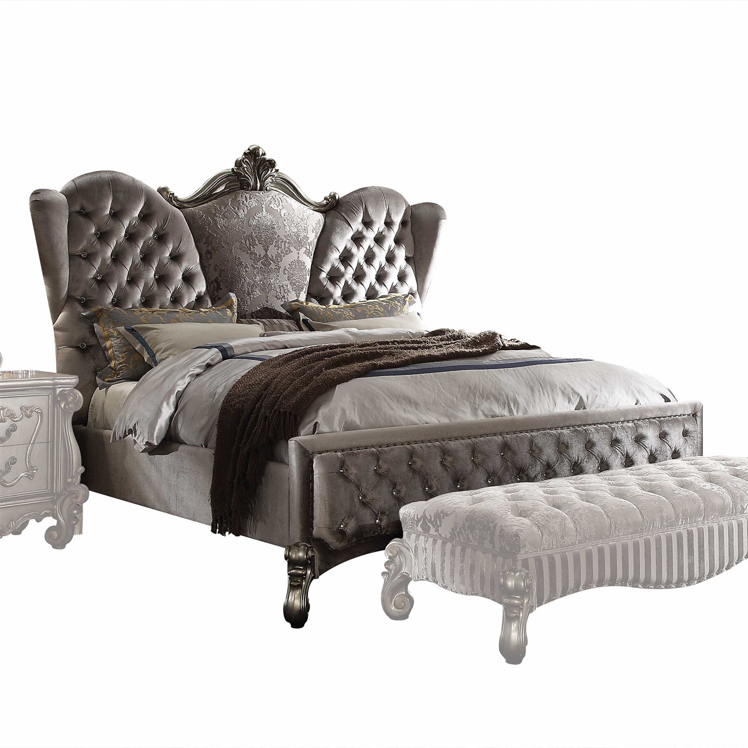 Queen Tufted Gray Upholstered Velvet Bed With Nailhead Trim