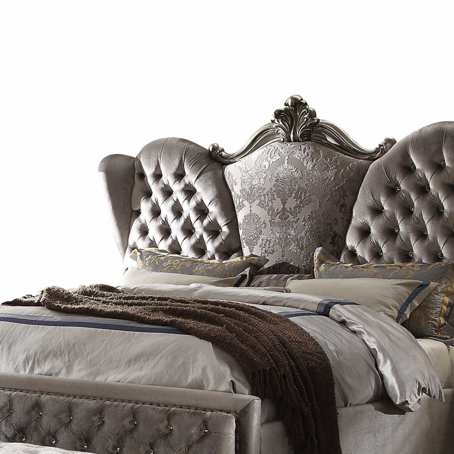 King Tufted Gray Upholstered Velvet Bed With Nailhead Trim